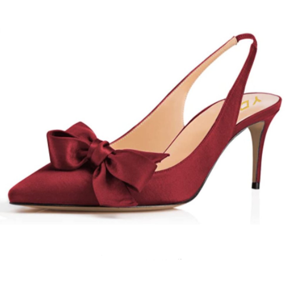 YDN Red Satin Mid Heel Slingback Pump With Bow